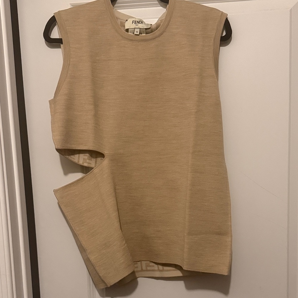 Fendi Neutral Beige Asymmetric Cutout Knit Tank